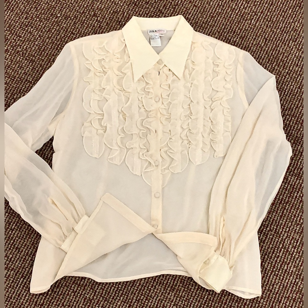Women's 10 Vtg Ivory Cream 100% Silk Ruffled Bib Zola Evening Top Shirt Blouse